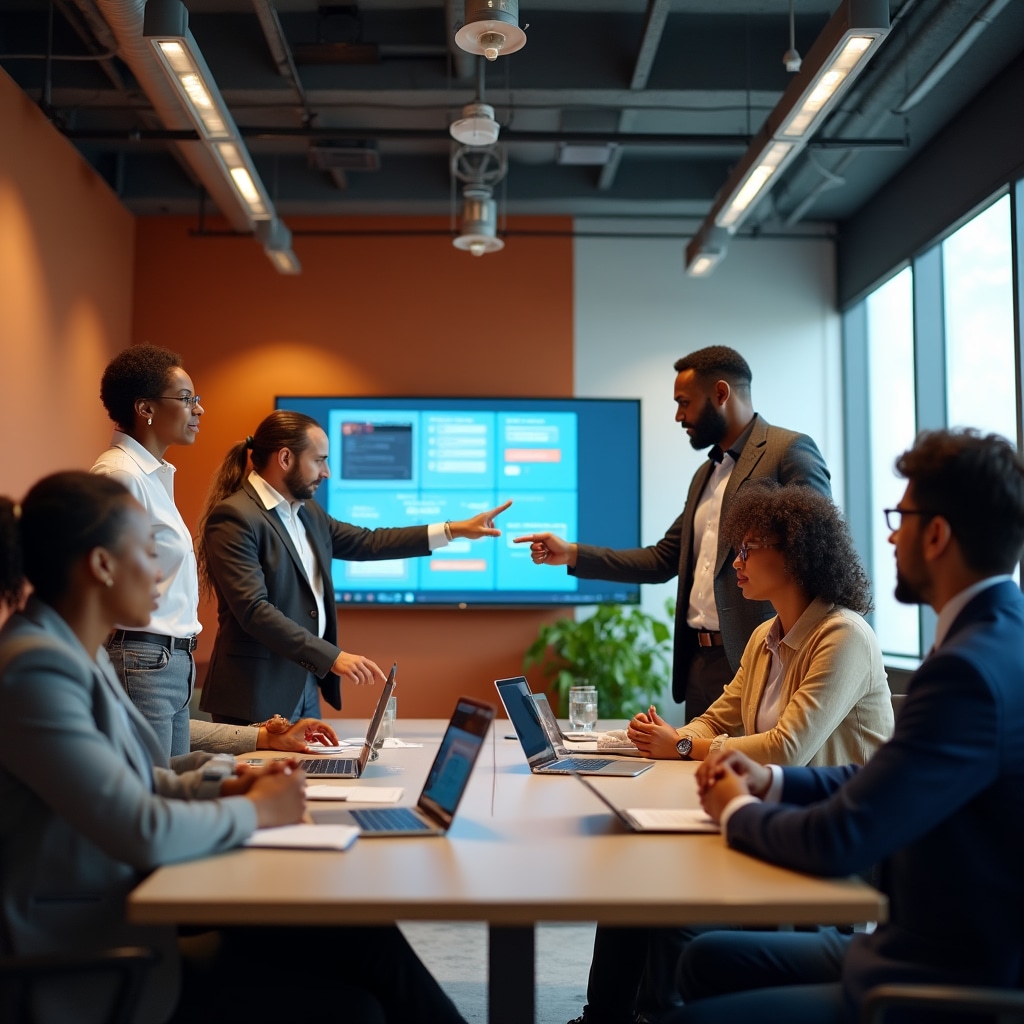 Team members of various ages learning new collaboration software together