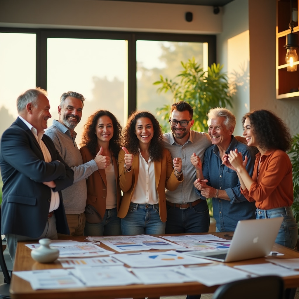Multi-generational team celebrating successful project completion
