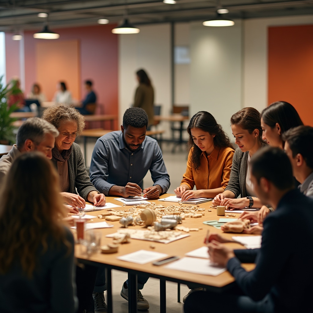 Multi-generational team participating in collaborative exercise